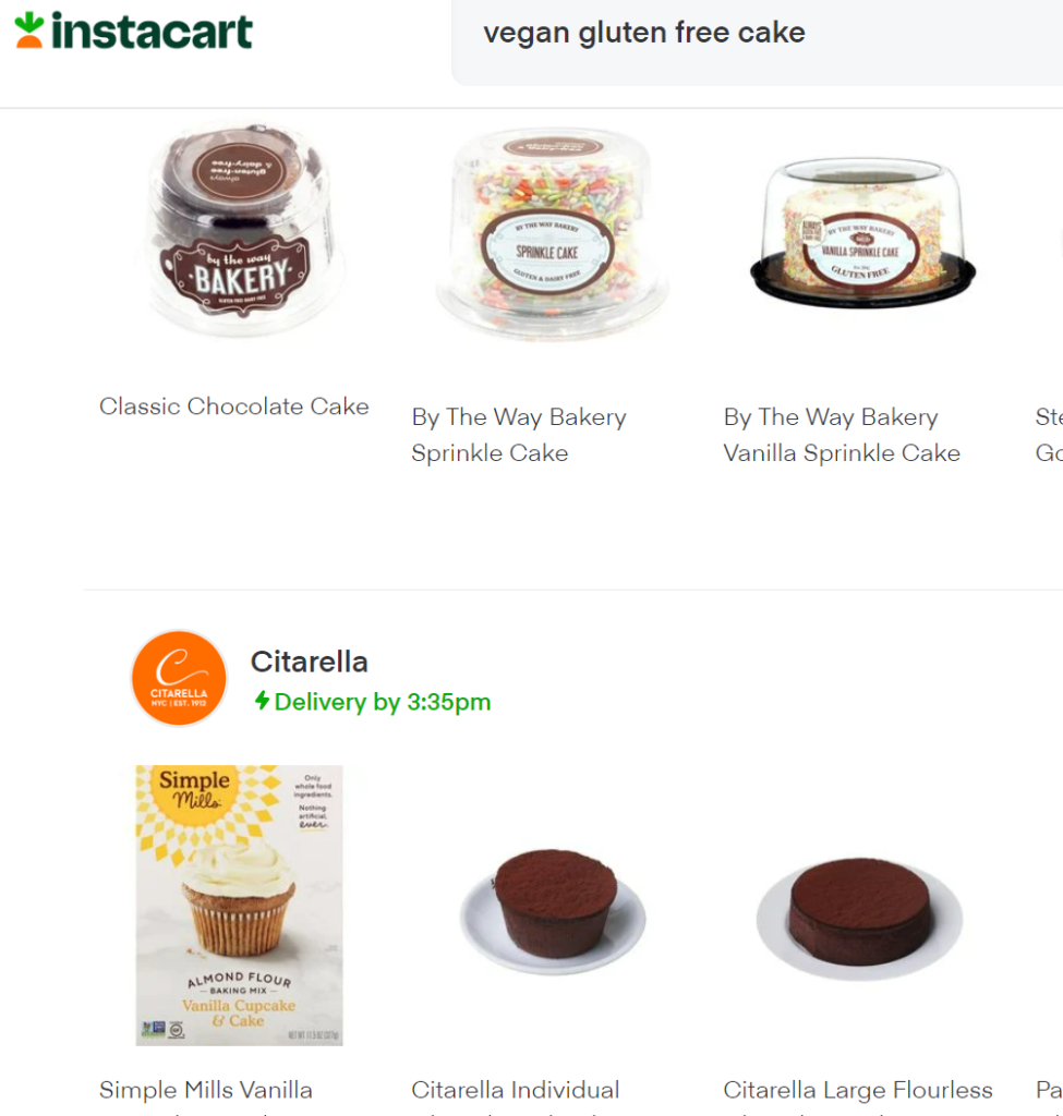 Instacart sells gluten-free vegan cakes, cookies and prepared bakery goods