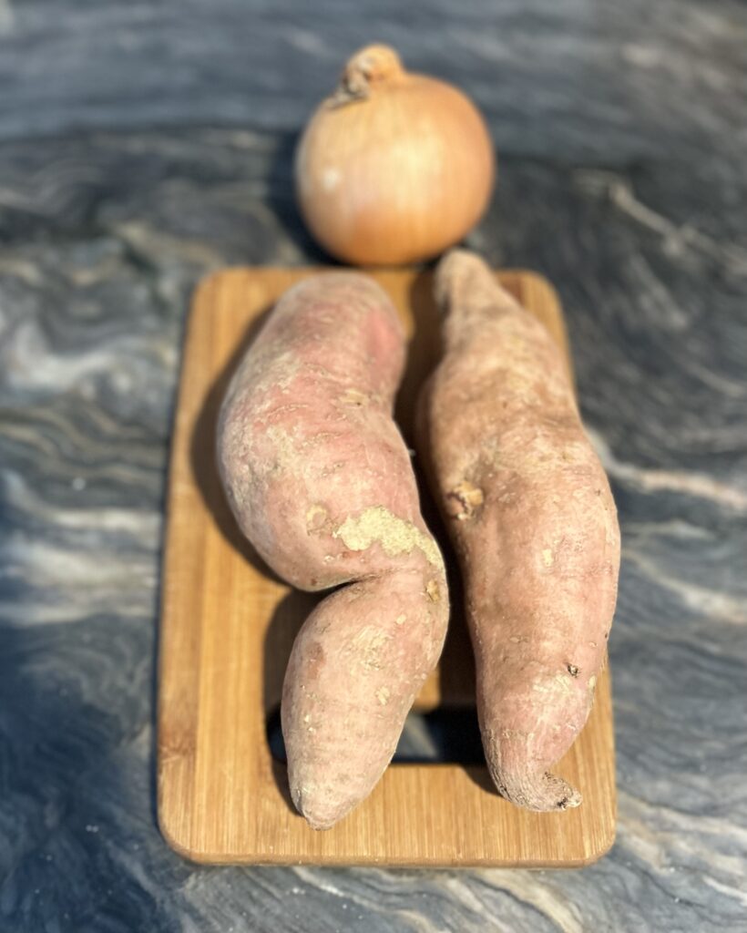 Locally grown organic sweet potatoes & onion